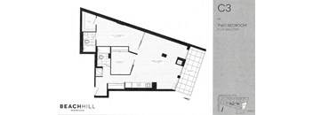 Two bedroom, two bathroom apartment layout at BeachHill Apartments in Toronto, ON