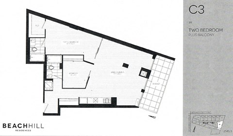 Two bedroom, two bathroom apartment layout at BeachHill Apartments in Toronto, ON