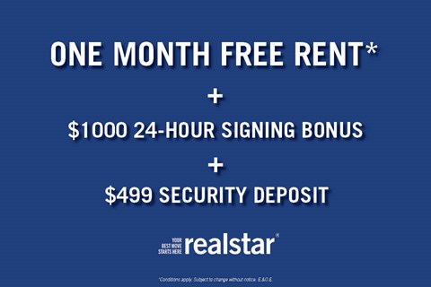 A promotional image for realstar offering a one month free rent, a $1000 24-hour signing bonus, and a $499 security deposit.