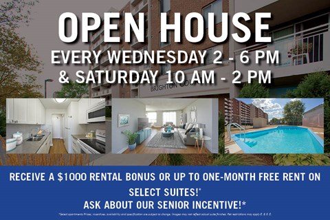 A flyer advertises open house events on Wednesdays and Saturdays, with incentives for renting.
