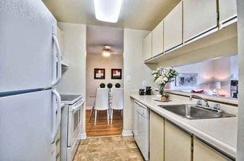 a kitchen with a white refrigerator freezer next to a sink