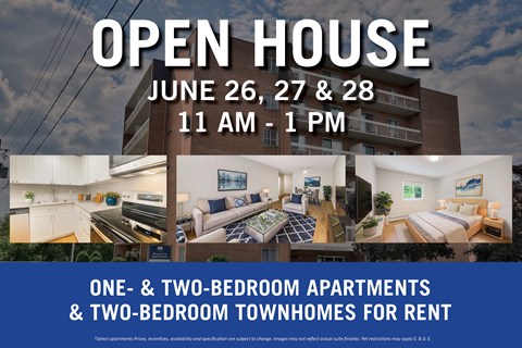 A flyer advertises an open house for one and two bedroom apartments and townhouses for rent.