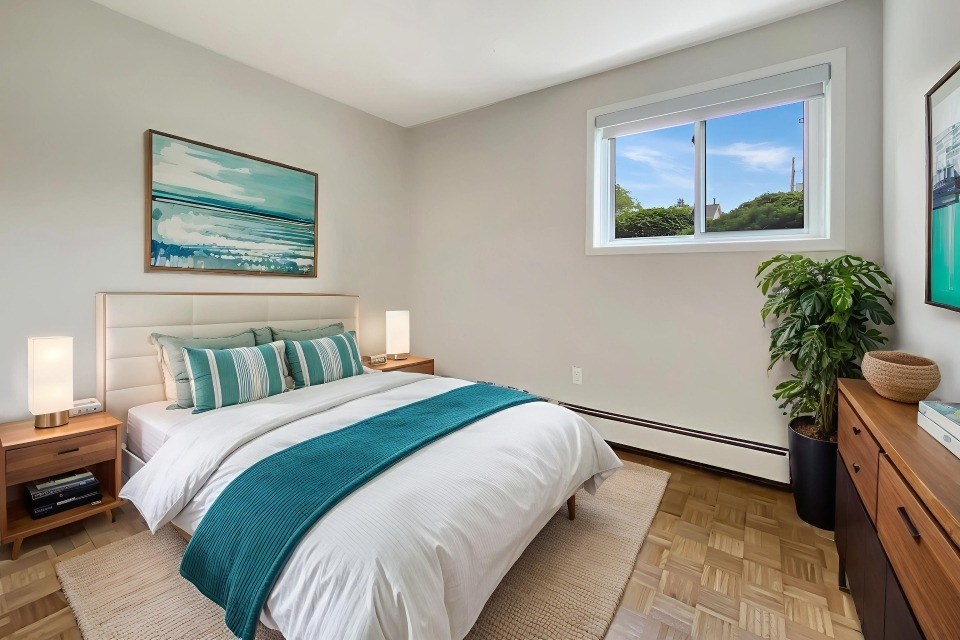 A bedroom with a large bed and a painting on the wall.