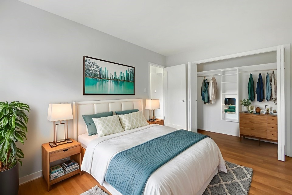 A bedroom with a large bed and a painting on the wall.