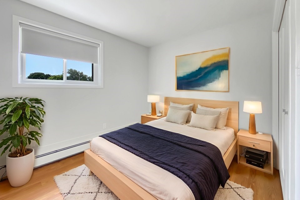 A bedroom with a bed, nightstands, and a painting on the wall.