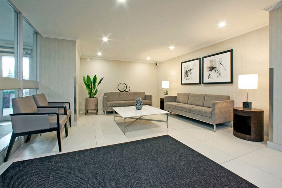 Brookbanks Apartments in Toronto, ON renovated lobby with lounge couches