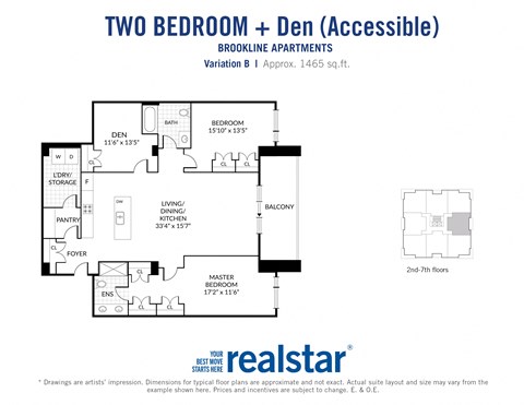 the floor plan of two bedroom + den apartment