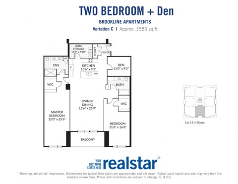 the floor plan of two bedroom + den