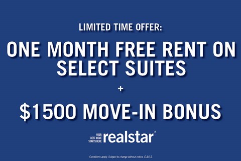 A promotional offer for a free month of rent and a $1500 move-in bonus on select suites.