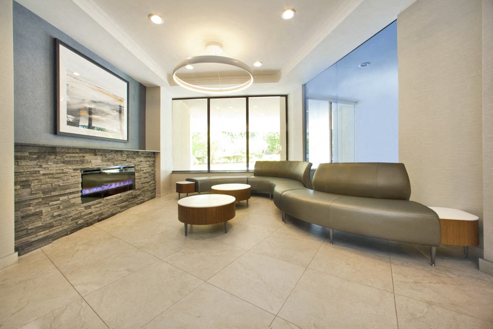 Cambridge Place Apartments renovated lobby featuring lounge seating in Scarborough, ON