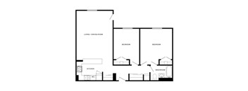 A black and white image of a floor plan for a house with a living/dining room, kitchen, two bedrooms, and a washroom.