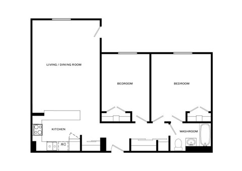 A black and white image of a floor plan for a house with a living/dining room, kitchen, two bedrooms, and a washroom.