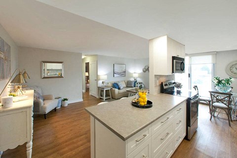 a kitchen and living room with a counter top