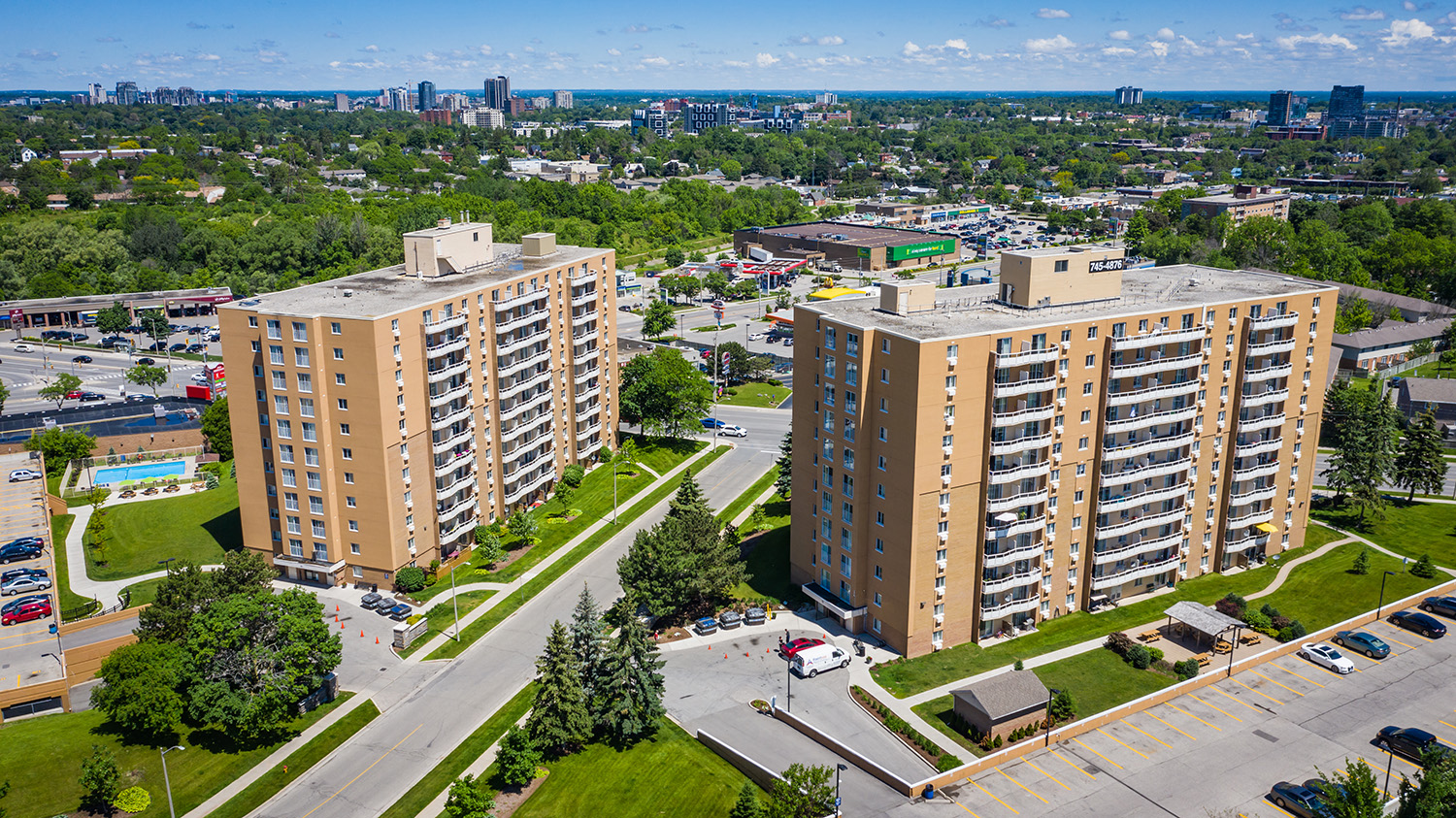 Capitol Hill in Kitchener, ON exterior drone view of both buildings