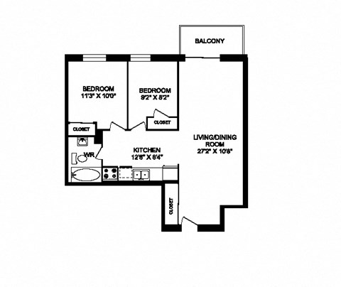 Two bedroom one bathroom apartment variation A layout at Cedarpoint Apartments in Cambridge, ON