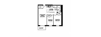 Two bedroom one bathroom apartment variation B layout at Cedarpoint Apartments in Cambridge, ON