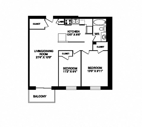 Two bedroom one bathroom apartment variation B layout at Cedarpoint Apartments in Cambridge, ON