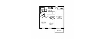 Two bedroom one bathroom variation C apartment layout at Cedarpoint Apartments in Cambridge, ON
