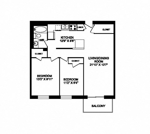 Two bedroom one bathroom variation C apartment layout at Cedarpoint Apartments in Cambridge, ON