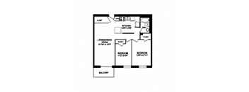 Two bedroom one bathroom apartment variation D layout at Cedarpoint Apartments in Cambridge, ON