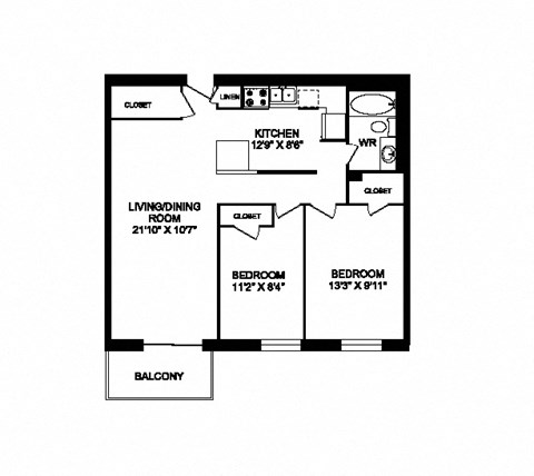 Two bedroom one bathroom apartment variation D layout at Cedarpoint Apartments in Cambridge, ON