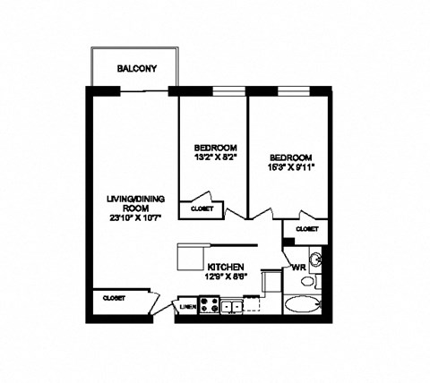 Two bedroom one bathroom apartment variation E layout at Cedarpoint Apartments in Cambridge, ON
