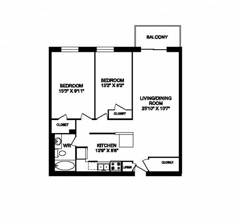 Two bedroom one bathroom apartment variation F layout at Cedarpoint Apartments in Cambridge, ON