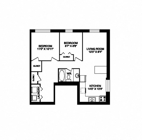 Two bedroom one bathroom apartment variation G layout at Cedarpoint Apartments in Cambridge, ON