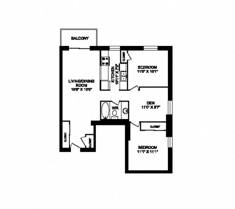 Two bedroom plus den and one bathroom apartment variation H layout at Cedarpoint Apartments in Cambridge, ON