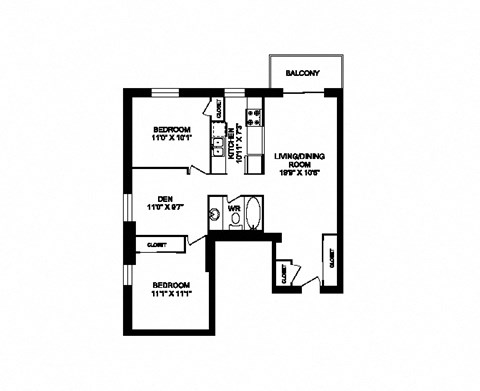 Two bedroom plus den one bathroom apartment variation I layout at Cedarpoint Apartments in Cambridge, ON