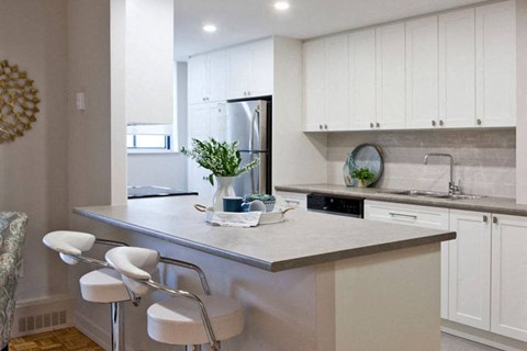 a kitchen with white cabinets and a counter top