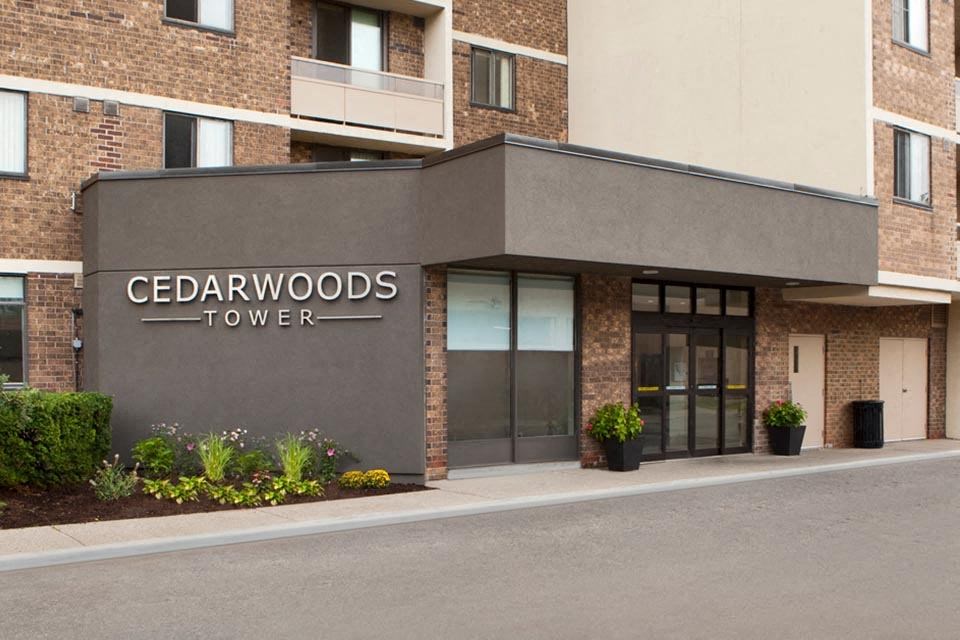 Cedarwoods Tower in Kitchener, ON exterior building entrance