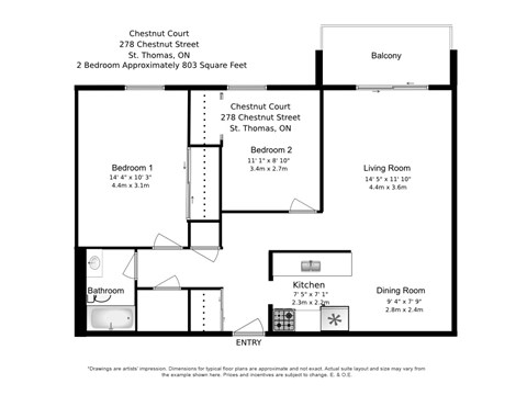 Two bedroom, one bathroom apartment layout at Chestnut Court in St. Thomas, ON