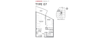 One bedroom, one bathroom apartment layout at Cityview Apartments in Brampton, ON
