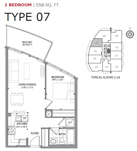 One bedroom, one bathroom apartment layout at Cityview Apartments in Brampton, ON