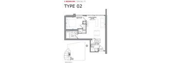 One bedroom, one bathroom apartment layout at Cityview Apartments in Brampton, ON