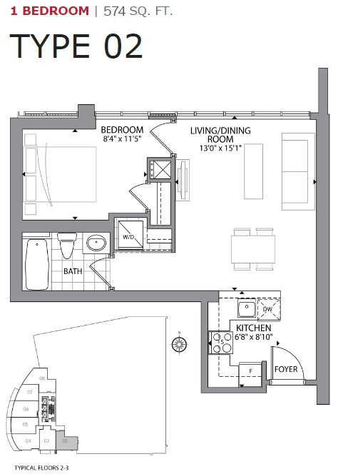 One bedroom, one bathroom apartment layout at Cityview Apartments in Brampton, ON