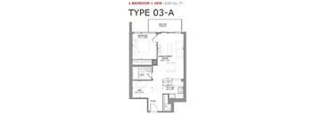One bedroom plus den, one bathroom apartment layout at Cityview Apartments in Brampton, ON