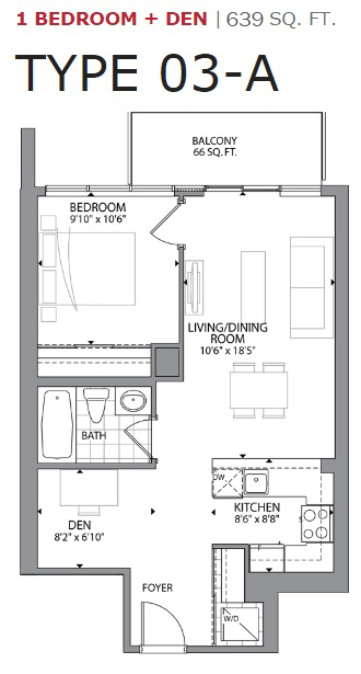 One bedroom plus den, one bathroom apartment layout at Cityview Apartments in Brampton, ON