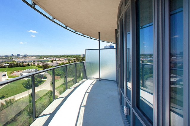 Cityview Apartments Empty balcony overlooking local park in Brampton, ON
