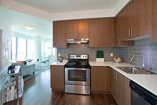 Kitchen with oven in the center at Cityview Apartments in Brampton, ON