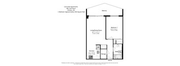 One bedroom, one bathroom apartment layout at Concorde Apartments in Ottawa, ON