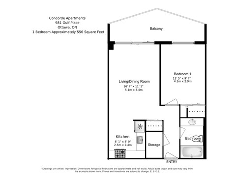 One bedroom, one bathroom apartment layout at Concorde Apartments in Ottawa, ON