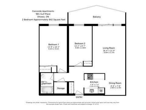 Two bedroom, one bathroom apartment layout at Concorde Apartments in Ottawa, ON