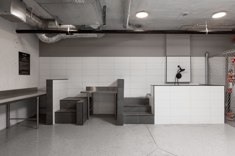 A dog wash area with white tiled walls and a stainless steel counter at The Ambrosi in Kelowna, BC.