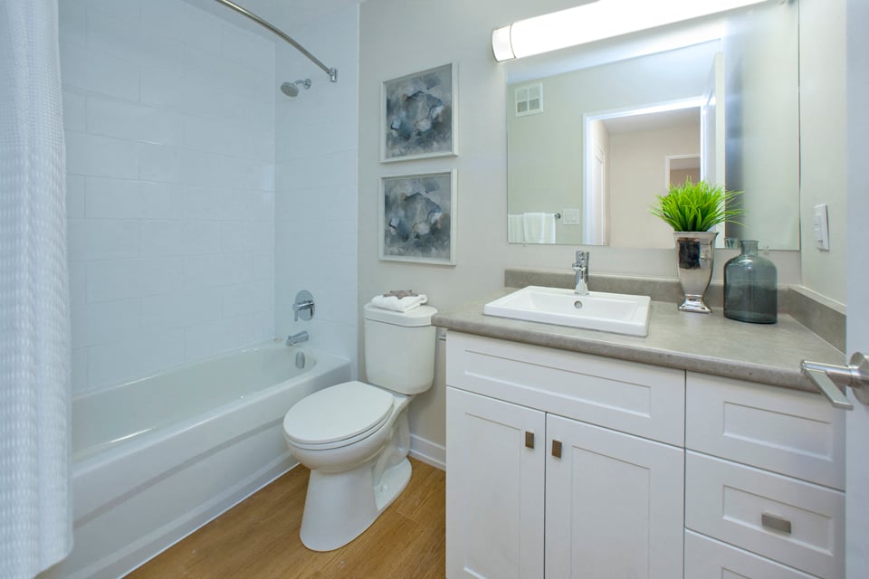 Dorchester Apartments modern bathroom with full size bathtub in Niagara Falls, ON