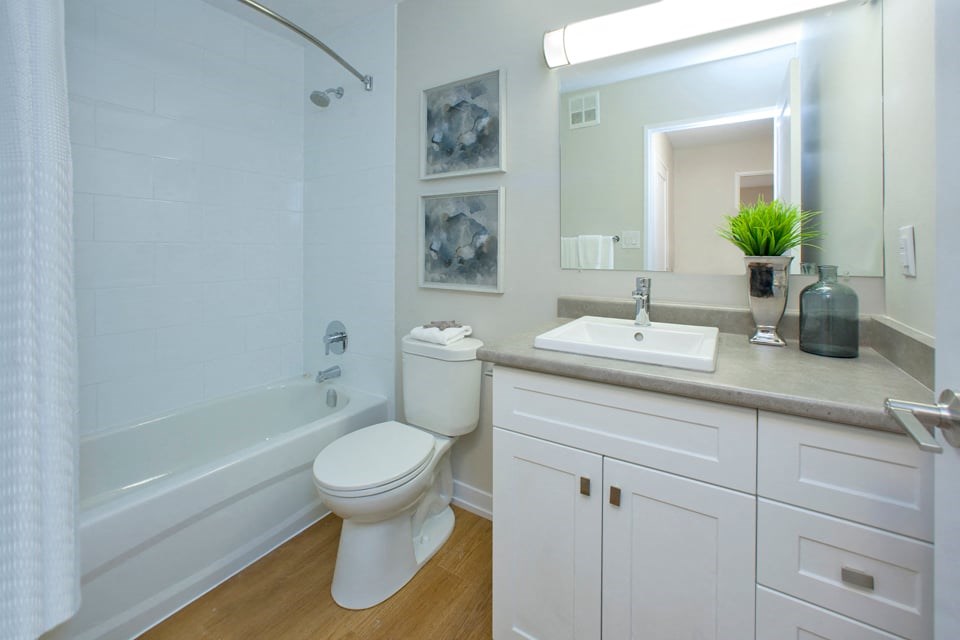 Dorchester Apartments modern bathroom with full size bathtub in Niagara Falls, ON