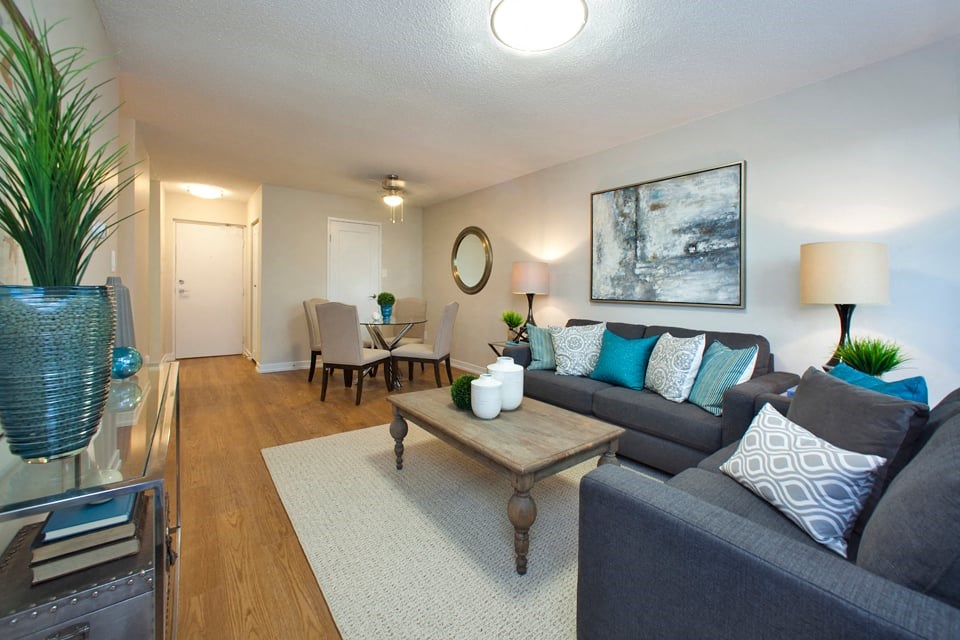 Dorchester Apartments large, modern living room with hard surface flooring in Niagara Falls, ON