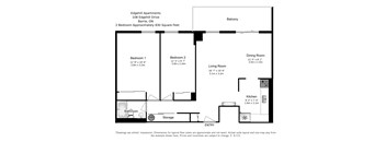 A floor plan for a two bedroom, one bathroom apartment at Edgehill Apartments in Barrie, ON.