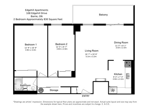 A floor plan for a two bedroom, one bathroom apartment at Edgehill Apartments in Barrie, ON.